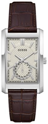 Guess Hugh White Sunray Dial Brown Leather Strap GW1152G1