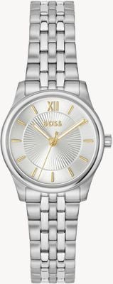 BOSS Elegante relógio Mina de quartzo com três ponteiros (25 mm), mostrador prateado e pulseira de aço inoxidável. 1502840