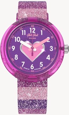 Flik Flak Gestreepte glitter paarse wijzerplaat / paars glitter gestreepte stoffen band FPNP127