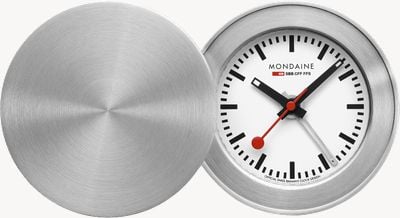 Mondaine Reloj despertador de viaje (50 mm), esfera blanca / caja de aluminio MSM.64411