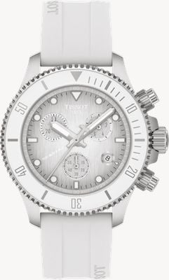 Tissot Seastar 1000 kwartschronograaf (38mm) met gegradueerde wit-grijze wijzerplaat / wit siliconen bandhorloge T1202171701100