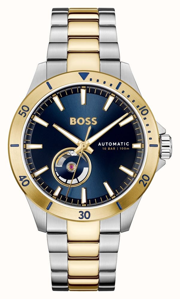 BOSS Men s Troper Automatic 42mm Blue Dial Two Tone Stainless Steel Bracelet 1514201 First Class Watches IRL