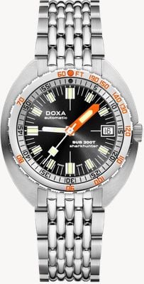 DOXA Sub 200t Sharkhunter (39 mm) schwarzes Zifferblatt mit Sonnenschliff / Edelstahlarmband im Reiskorn-Design 804.10.101S.10