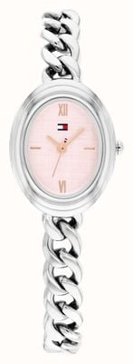 Tommy Hilfiger Halbovales Quarzwerk mit drei Zeigern (21,5 mm), rosafarbenes Zifferblatt / Edelstahlarmband 1782876