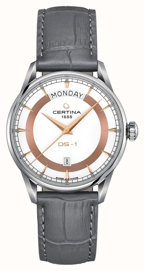 Certina Men's DS-1 Day Date (40mm) White Dial Grey Leather Strap - Main Image