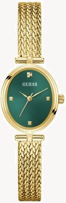 Guess Rubinfarbenes Kristallglas (24 mm), grünes Zifferblatt mit Sonnenschliff / goldfarbenes PVD-beschichtetes Edelstahl-Mesh-Armband GW0935L2