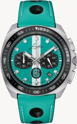 Junghans Chronoskop sportowy z 1972 roku, edycja 2026 (43,3 mm), matowa turkusowa tarcza w paski / turkusowy pasek skórzany 41/4558.00