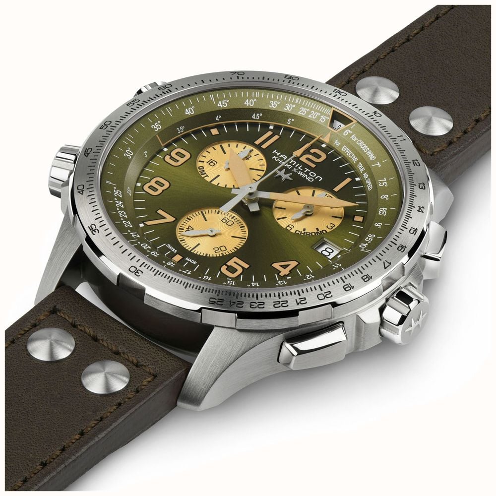 Hamilton Khaki Aviation X Wind GMT Chronograph Quartz 46mm Green Dial Brown H77932560 First Class Watches IRL