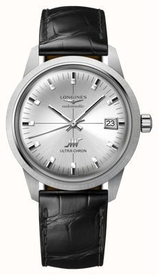 LONGINES Orologio cronometro automatico Ultra-chron Classic (37 mm) con quadrante argentato a raggiera e cinturino in pelle di alligatore nera. L25374722