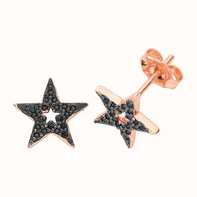 James Moore TH Silver Rose Gold Plated Black Cubic Zirconia Star Stud Earrings G51218R