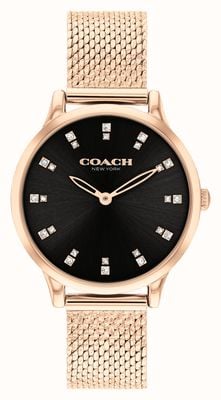 Coach Damen-Chelsea-Armband (32 mm) mit schwarzem Zifferblatt und roségoldenem Edelstahl-Mesh-Armband 14504217