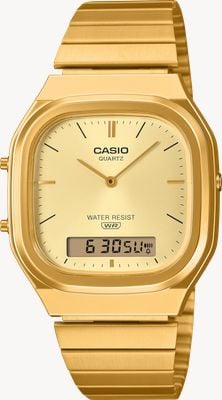 Casio Винтажный двойной дисплей (35,8 мм) с золотым циферблатом с солнечным лучом / браслет из нержавеющей стали с золотым PVD-покрытием AQ-240EG-9AEF