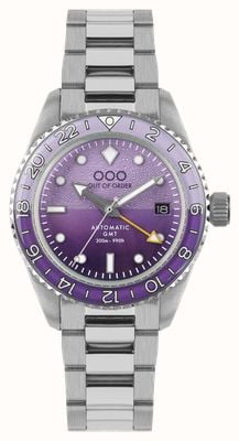 Out Of Order Mostrador roxo automático gmt (40 mm) violeta escuro / pulseira em aço inoxidável ultra escovado OOO.001-25.LA.BAND.SS