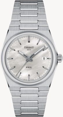Tissot Prx Quarz (35 mm) weißes Perlmuttzifferblatt / Edelstahlarmband T1372101111100