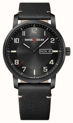 Wenger Zegarek kwarcowy Swissgear z funkcją dnia/daty (42 mm) z czarną tarczą / czarnym skórzanym paskiem 01.9041.429