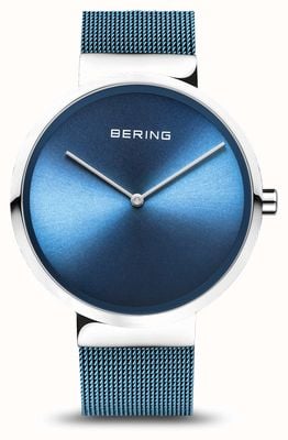 Bering | klassisch | poliertes / gebürstetes Silber | blaues Netzarmband | 14539-308