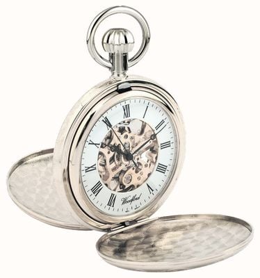 Woodford Full Hunter Chrome Plated Metal Skeleton Pocket Watch 1062