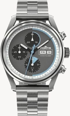 FORTIS Stratoliner S-41 Automatik-Blockarmband aus Edelstahl in Cosmic Grey (41 mm). F2340008