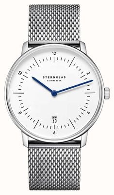 STERNGLAS Cuarzo Naos (38 mm), esfera blanca / pulsera de malla de acero inoxidable S01-NA44-MI04