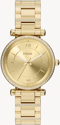 Fossil Relógio Carlie de quartzo com três ponteiros (35 mm), mostrador dourado e pulseira em aço inoxidável com revestimento PVD dourado. ES5465