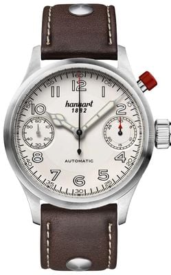 Hanhart Automatyczny chronograf Pioneer Monoscope (45 mm) ze srebrną tarczą / ciemnobrązowym skórzanym paskiem - m 732.220-0110