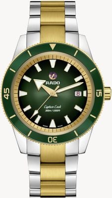 RADO Captain Cook automatisch (42 mm) groene wijzerplaat / horloge met 3-schakels tweekleurig roestvrijstalen armband R32138303