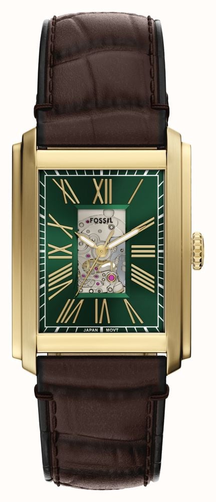 Fossil Men's Carraway Automatic (30mm) Green Skeleton Dial / Brown