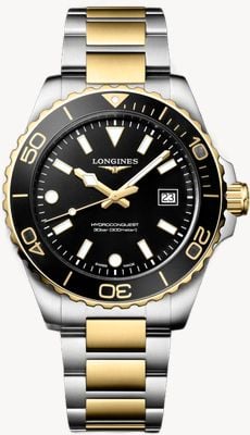 LONGINES Hydroconquest quartz (42 mm) zwarte zandgestraalde wijzerplaat / twee-kleurig roestvrijstalen armband L37693567