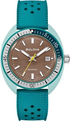 Bulova Schnorchel „Meeresschildkröte“ (41 mm) braunes Wellenzifferblatt / grünes perforiertes Kautschukarmband 98B446