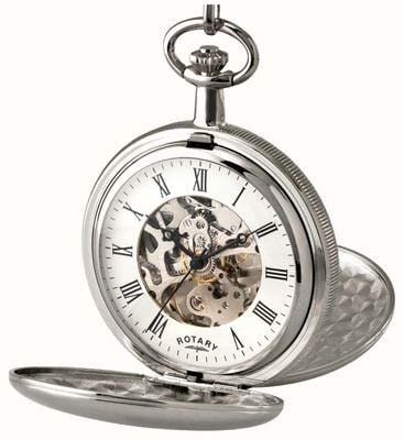 Rotary Automatyczny zegarek kieszonkowy szkieletowy (45 mm) z białą tarczą, kopertą i łańcuszkiem ze stali nierdzewnej MP00726/01