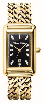 Thomas Sabo Bold Elegance Crystal Quartz (22mm) Black Dial / Gold PVD Stainless Steel Curb Chain Bracelet WA0452-291-203-22