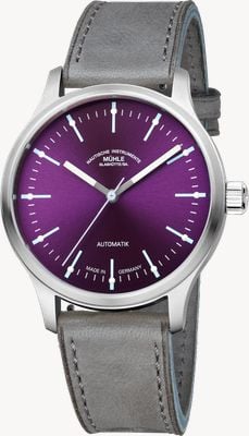 Mühle Glashütte Panova fioletowy automatyczny (40 mm) z fioletową tarczą słoneczną / szarym skórzanym paskiem M1-40-78-1-LB-V