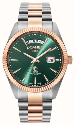 Roamer Primeline Day Date grünes Zifferblatt mit roségoldenem Armband 981662 47 75 90