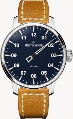 MeisterSinger Archao automatic (43 mm) z ciemnoniebieską, ziarnistą tarczą / brązowym skórzanym paskiem AR908