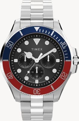 Timex Reloj multifunción Harborside Coast (43 mm), esfera negra con efecto rayos de sol y brazalete de acero inoxidable TW2Y33300