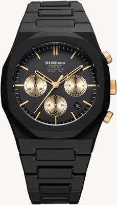 D1 Milano Polychrono vergoldete Solar (40,5mm) matter schwarzer Zifferblatt / schwarzes Polycarbonat-Armband PHBJ16