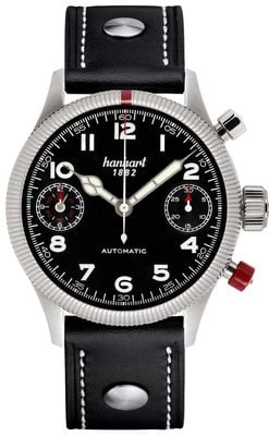Hanhart Chronographe automatique Pioneer Twindicator (45 mm), cadran noir / bracelet en cuir noir - m 731.210-0010