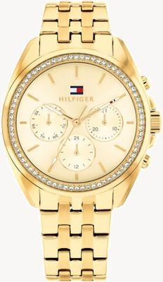 Tommy Hilfiger Reloj multifunción Mellie (36 mm), esfera dorada y brazalete de acero inoxidable con recubrimiento PVD dorado. 1782803