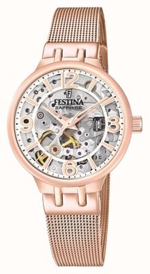 Festina Reloj esqueleto automático para mujer en tono oro rosa con brazalete de malla F20581/2