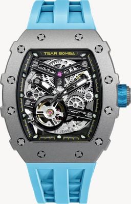 TSAR BOMBA Elemental-Serie Titan Automatik (43,5 mm) schwarzes Skelett-Zifferblatt / hellblaues Silikonarmband TB8208T-03