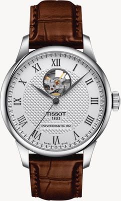Tissot Herren le locle | powermatic 80 | silbernes offenes Herzzifferblatt | braunes Lederarmband T0064071603301
