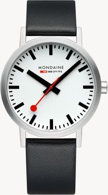 Mondaine Klassisch (40 mm) weißes Zifferblatt / schwarzes veganes Traubenlederarmband A660.30360.16SBBV