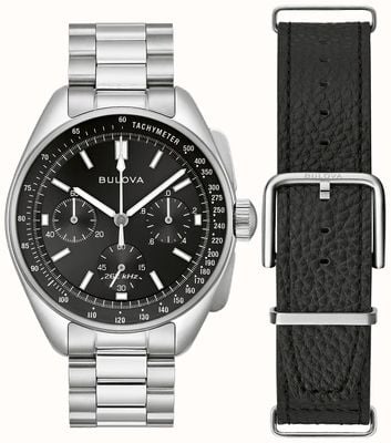 Bulova Chronographe pilote lunaire pour homme cadran noir / ensemble bracelet en acier inoxydable et bracelet en cuir noir 96K111