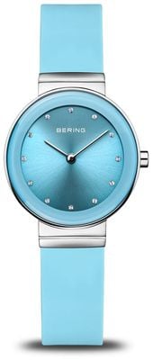 Bering Klassisch für Damen (29 mm) mit blauem Zifferblatt mit Sonnenschliff / blauem Silikonarmband 10129-708