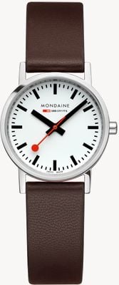 Mondaine Klassisch | 30 mm | weißes Zifferblatt | braunes veganes Traubenlederarmband A658.30323.11SBGV