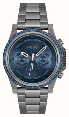 HUGO Mostrador azul masculino #brave (46 mm) / pulseira de aço inoxidável cinza 1530350