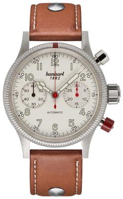 Hanhart Pioneer MK II Automatik-Chronograph (40 mm), antikes weißes Zifferblatt / hellbraunes Lederarmband mit Nieten - M 716.200-0210
