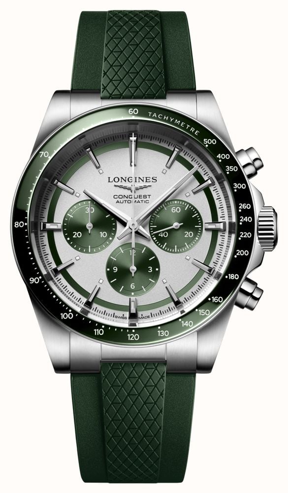 LONGINES Conquest Automatic Chronograph 42mm Silver Sunray Dial Green Rubber L38354029 First Class Watches SGP