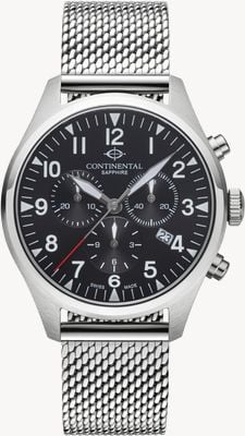 Continental Aviation Chronograph (42 mm) schwarzes Zifferblatt / Edelstahl-Mesh-Armband 24452-GC101420
