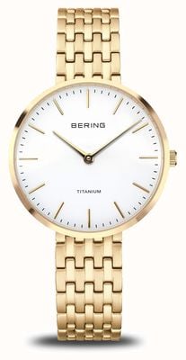 Bering Titanio (34mm) quadrante bianco/bracciale in titanio oro 19334-334